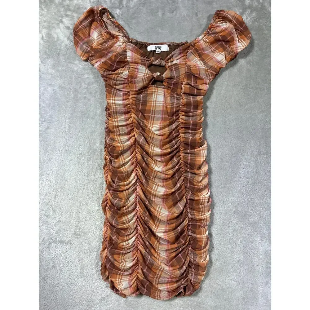 Y2K Checkered Brown Plaid Ruched Bodycon Mini Dress Puff Sleeve Medium - Picture 2 of 9